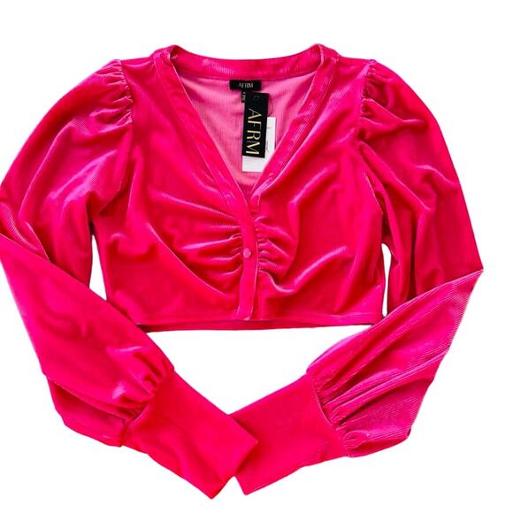 AFRM Fuchsia Pink Rib Velvet V-Neck Crop Top NEW Size Medium - Picture 2 of 5
